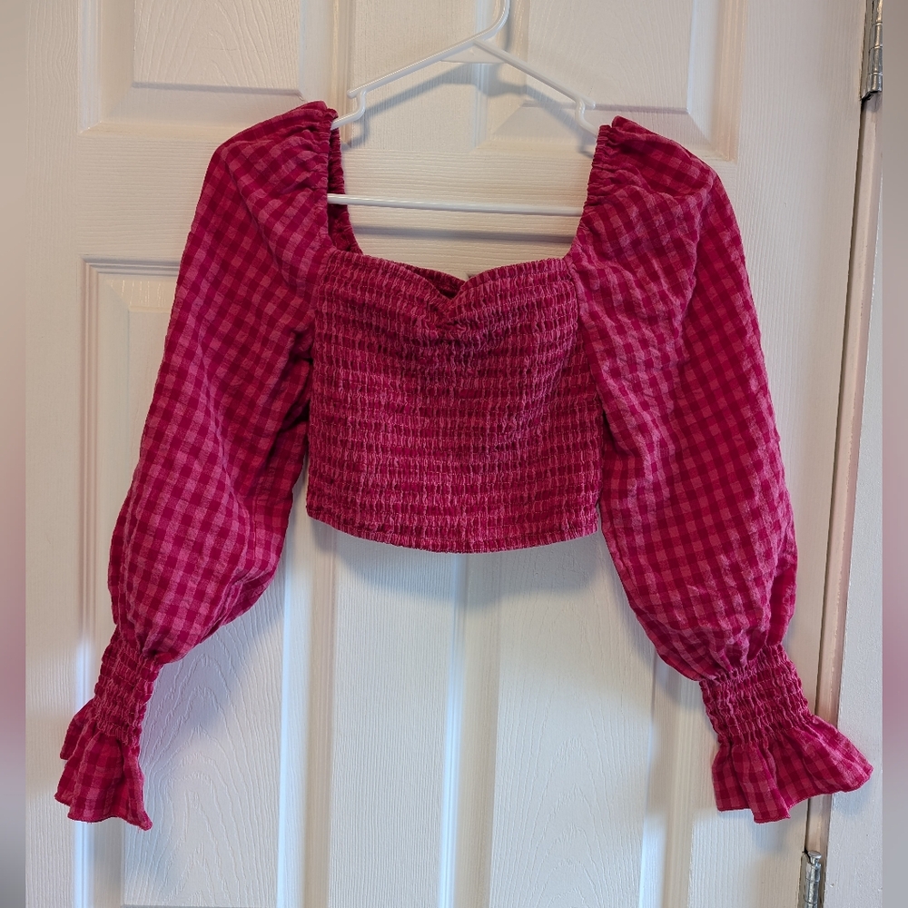 Shein Pink Checkered Long Sleeve Puff Sleeve Crop Top Size XS